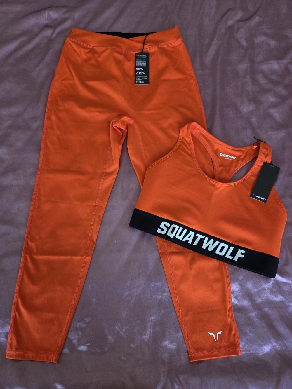 SQUATWOLF Vibrant Orange Gym Set : Squat-Proof Leggings & Sports Bra NWT Size L